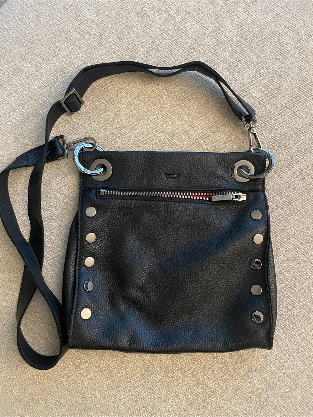 Hammitt Black Leather Crossbody with Silver Ring & Stud Details